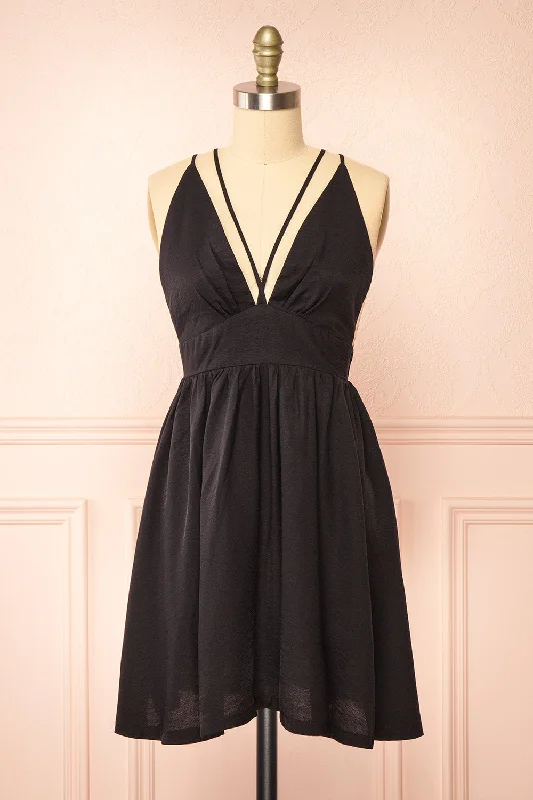 Mini dresses with tassel accents for a fun touch Tillie | Short Black Plunging Neckline Dress
