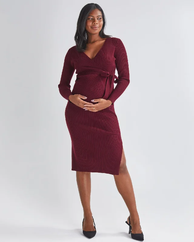 Maternity dress for a baby's first visit to the magic show Lucille Knit Maternity Midi Dress in Burgundy