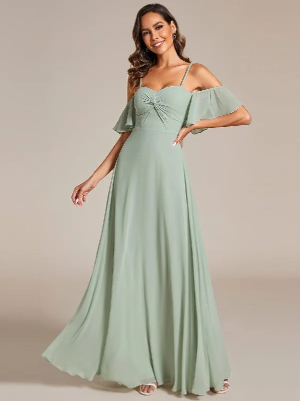 Ballroom - ready wedding dresses with a large skirt​ Lace - and - tulle wedding guest dresses with sweetheart necklines Spaghetti Strap Sweetheart Chiffon A-line Bridesmaid Dress with Knot