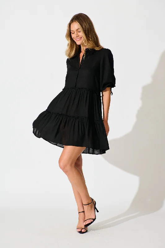 Everyday Dress with Flutter Sleeves for a Feminine Look​ Layla Smock Dress in Black Linen Blend