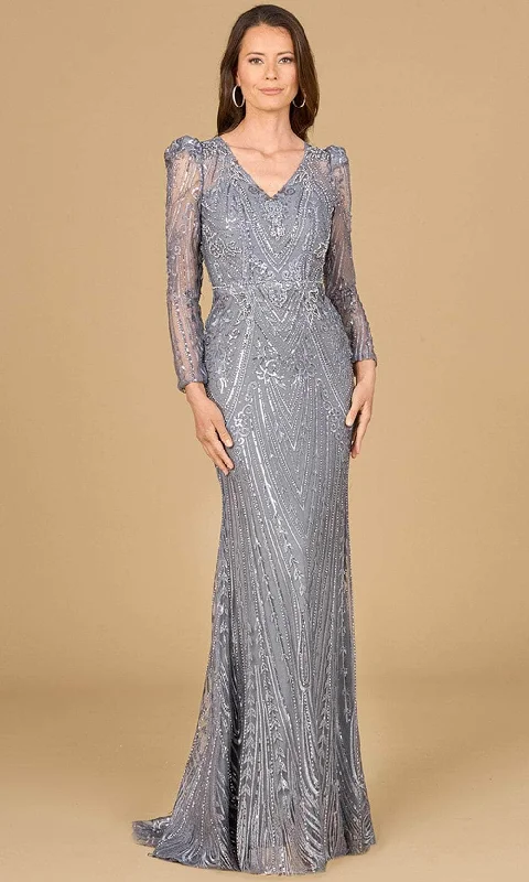 High - low hem wedding dresses for a trendy twist​ Lace - trimmed wedding guest dresses in blush pink Lara Dresses 29156 - Embellished Puff Shoulder Evening Gown