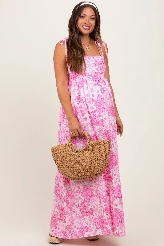 Maternity dress with empire waist for added comfort Pink Leaf Print Sleeveless Open Back Smocked Maternity Maxi Dress