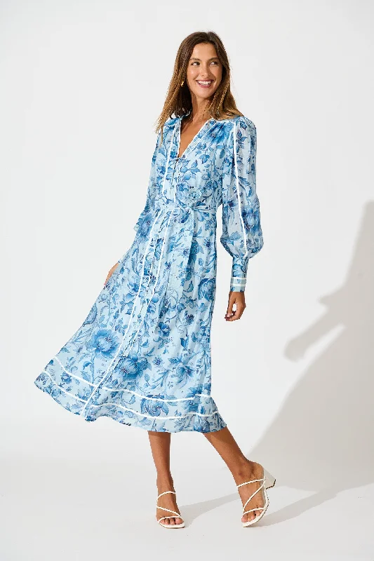 Midi dresses with mesh inserts for a trendy and breathable option Darlington Midi Dress in Blue Floral