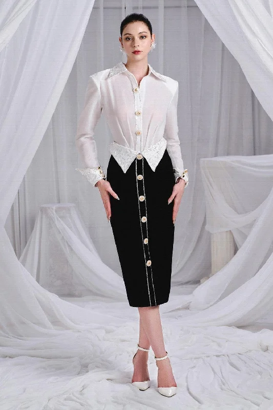 Midi dresses with ruffled bodices for a more pronounced feminine look Sampson Sheath Collared Neck Chiffon Midi Dress