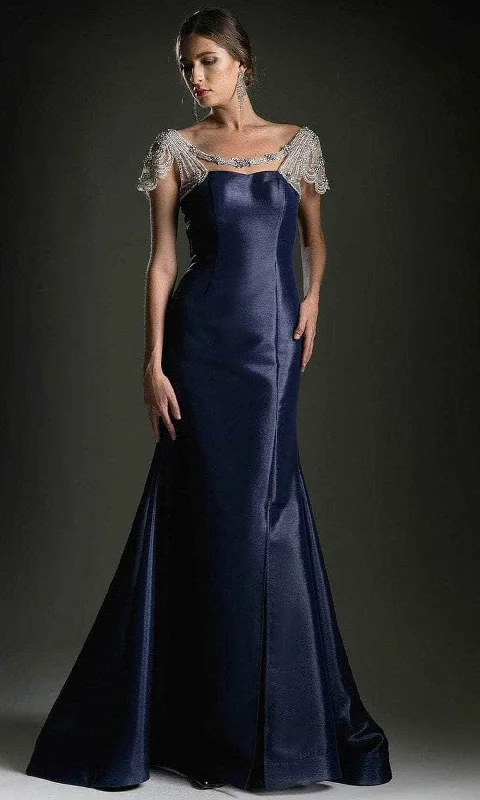 Long - train wedding dresses with a sweep train option​ Wedding guest dresses with abstract prints and long trains Andrea and Leo A5007 - Beaded Scoop Neck Cutout Evening Dress
