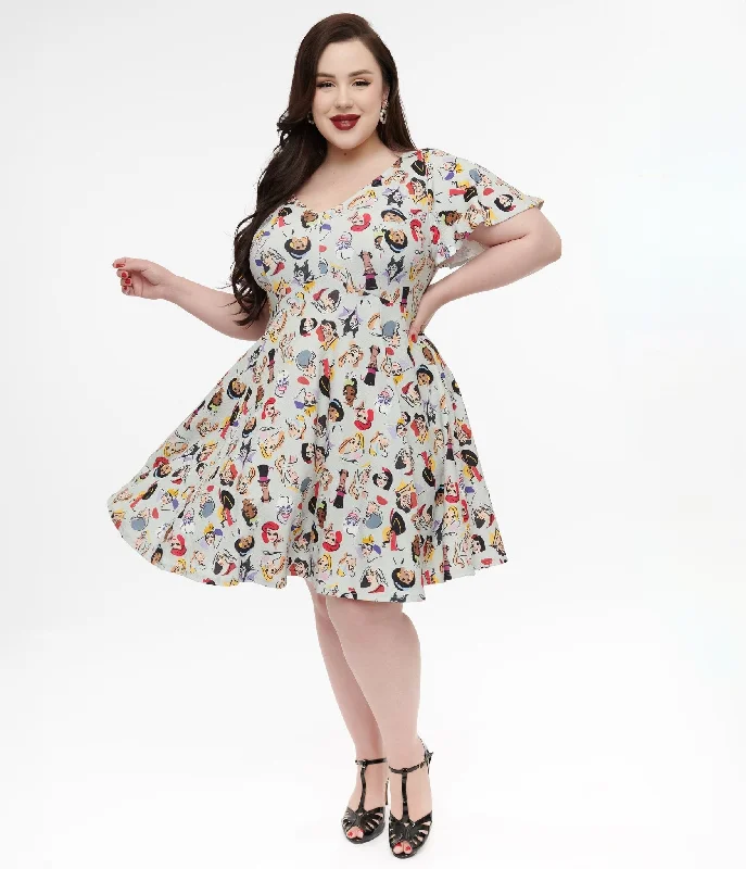 Everyday Dress with Bishop Sleeves for a Victorian - inspired Look​ Disney Princess Collection by Unique Vintage Plus Size Grey Princess & Villain All Over Print Fit & Flare Dress