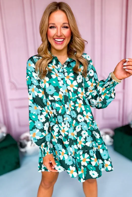 Mini dresses with pleated skirts for a classic look Green Floral Printed Collared Button Front Tiered Dress