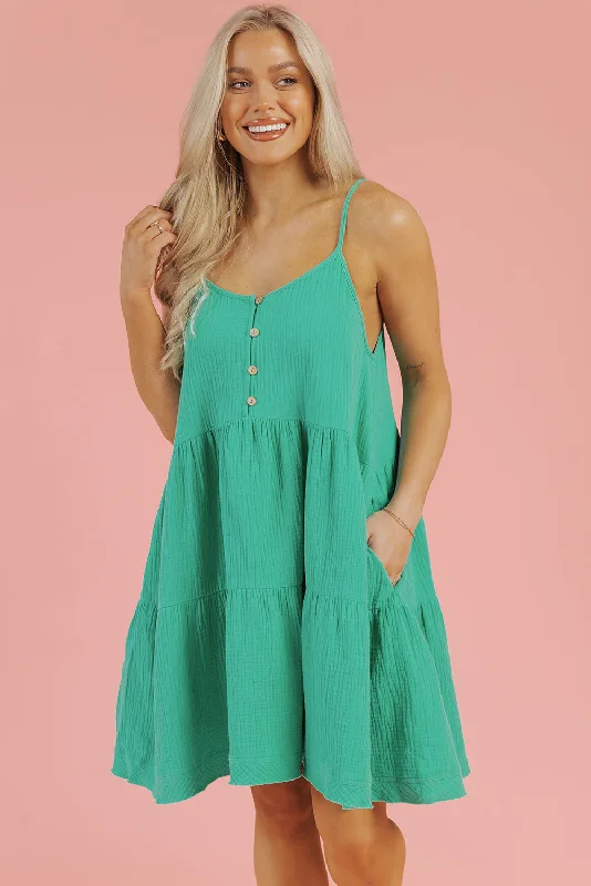 Mini dresses with high - low hems for a modern twist Sea Green Textured Buttoned Thin Strap Tiered Loose Fit Mini Dress
