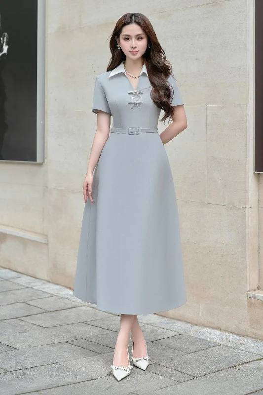 Midi dresses with cotton - blend materials for everyday comfort Hilga A-line Collared Neck Linen Cotton Midi Dress