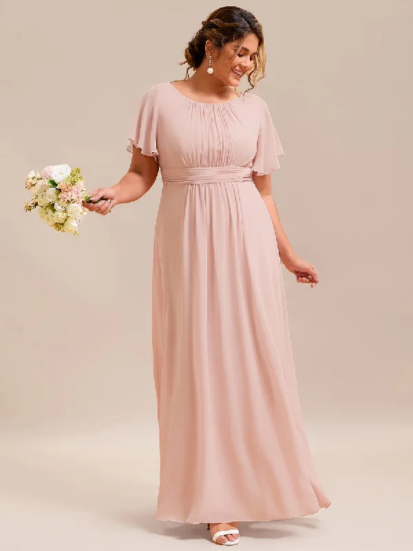 Ballroom - ready wedding dresses with a large skirt​ Lace - and - tulle wedding guest dresses with sweetheart necklines pretty KIMORA|Plus Size Simple Chiffon Pleated A-Line Round Neckline Bridesmaid Dress