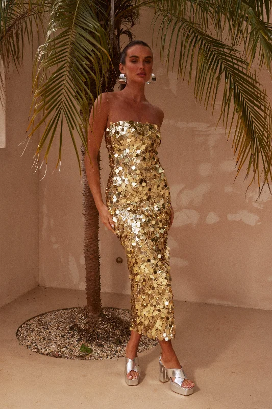 Midi dresses with tassel accents for a bohemian and free - spirited style Gabourne Strapless Midi Dress - Gold Sequin