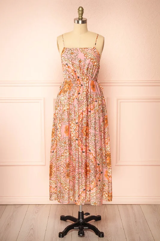 Mini dresses with mesh panels for a sexy and trendy look Wydowna | Pink Midi Dress w/ Floral Motif