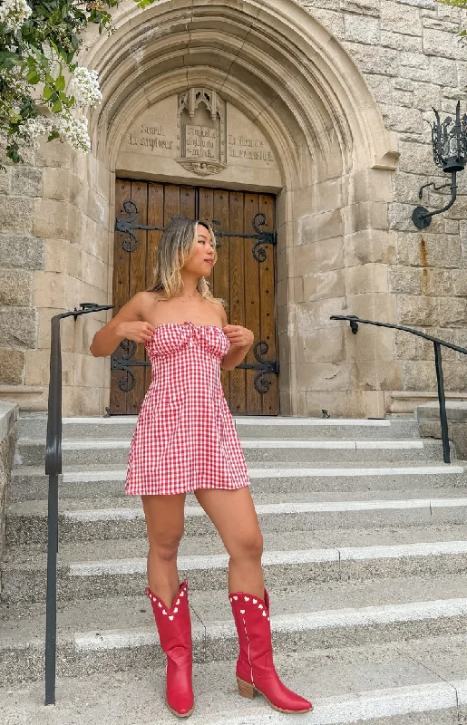 Printed mini dresses for a casual day out Faith Red Gingham Strapless Mini Dress