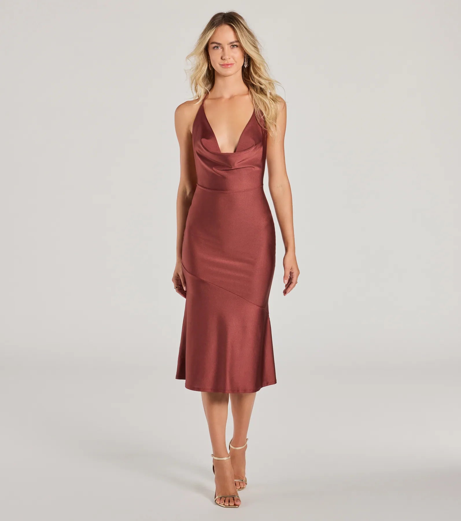Midi dresses with ruched sleeves for a more fitted and stylish arm look Remarkable Appeal Cowl Halter A-Line Midi Dress