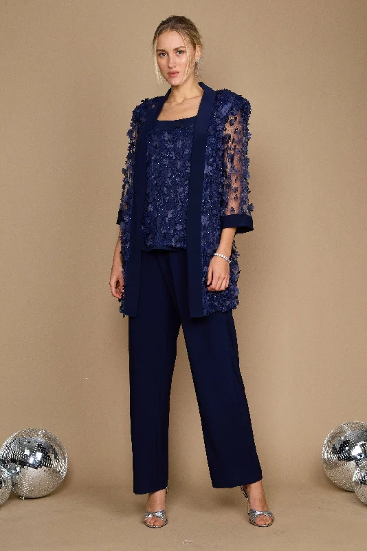 Illusion - neck wedding dresses with delicate lace​ Ruffled - sleeve wedding guest dresses in light blue for a spring wedding R&M Richards 9462 Long Mother Of The Bride Pant Set