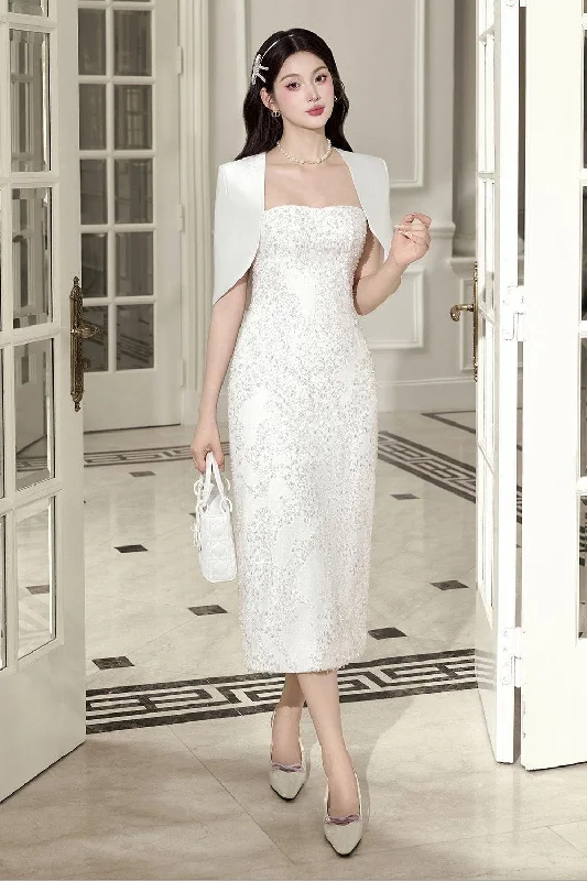 Sheath midi dresses with beaded embellishments for a formal occasion Cinder Sheath Cape Sleeved Lace Midi Dress