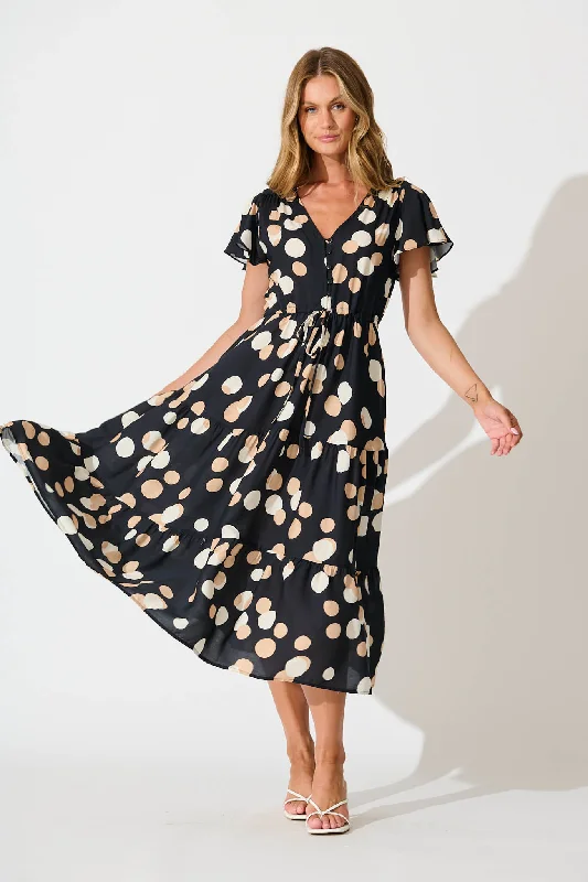 Children's Everyday Dress in Soft Jersey​ Saturday Midi Dress In Black with Cream Spot