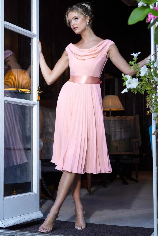 Midi dresses with ruched bodices for a feminine and fitted feel Goddiva Cowl Neck Pleated A-Line Chiffon Midi Dress - Blush Pink