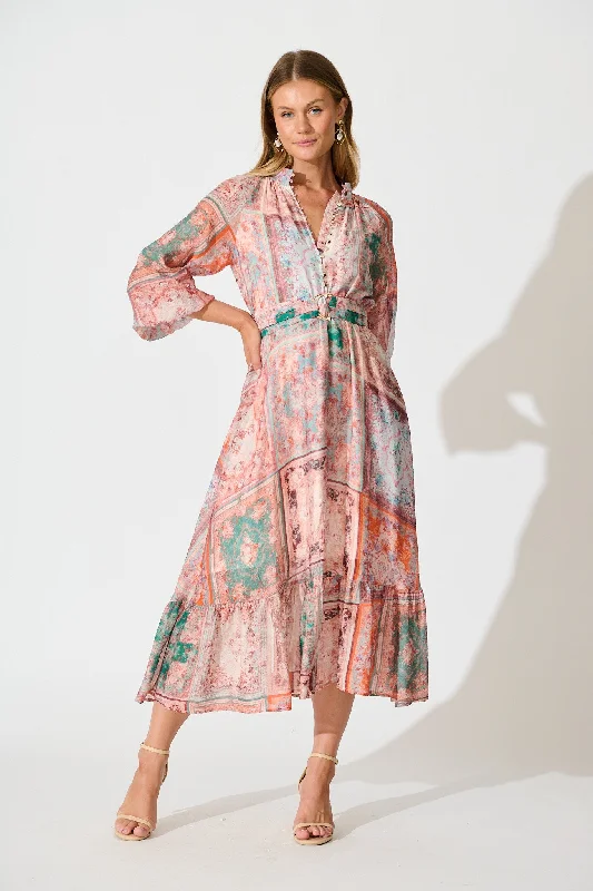 Midi dresses with one - shoulder designs for a modern and asymmetric style Sardina Midi Dress in Blush and Multi Patchwork Print