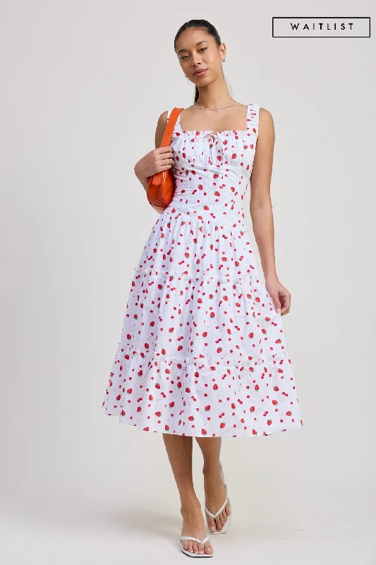 Concert - Wear Casual Dresses with a Fun Style​ Waitlist 4/5 ♥ Reba Sleeveless Strawberry Print Poplin Midi Dress White