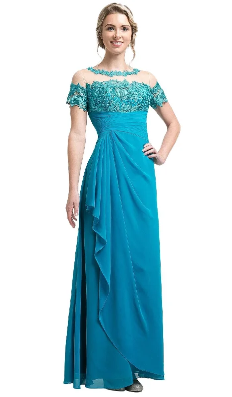 Wedding dresses with a detachable skirt for versatility​ Mini wedding guest dresses with glittery accents for a trendy look Cinderella Divine - Lace Illusion Bateau Pleated Sheath Dress