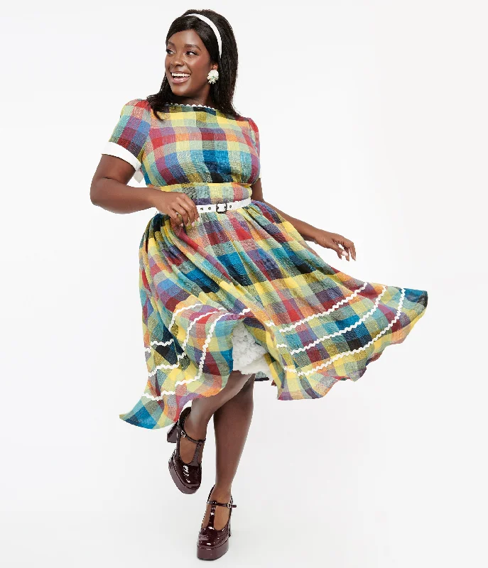 Everyday Chambray Dress with Roll - up Sleeves​ Unique Vintage Plus Size 1950s Multicolor Plaid Cotton Swing Dress