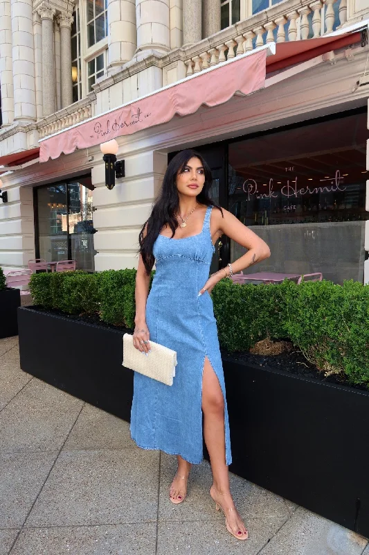 Scarf - Accented Casual Dresses for Added Style​ Dakota Denim Sleeveless Slit Midi Dress