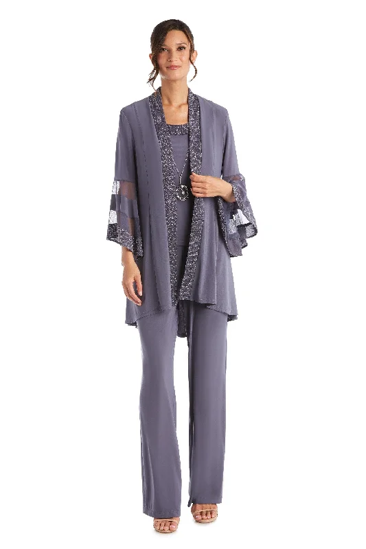 A - line wedding dresses with a beaded neckline​ Wedding guest dresses with belted waists and knee - length skirts R&M Richards 7241 Formal Duster Jacket Pant Set