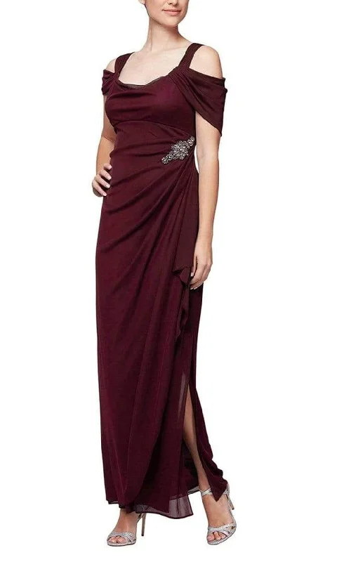 Tea - length wedding dresses with a vintage charm​ Wedding guest dresses with high - low hems and floral appliques Alex Evenings - 132902 Jewel Accent Waist Cold Shoulder Mesh Dress