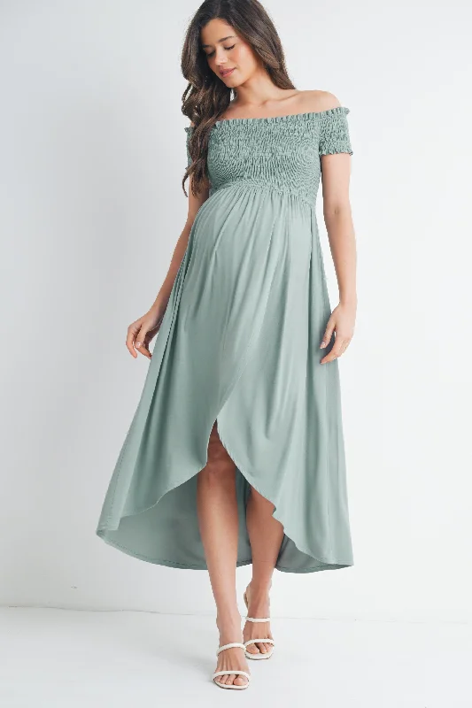 Maternity dress for a baby's first visit to the amusement park Off Shoulder Smocked Maternity Midi Dress