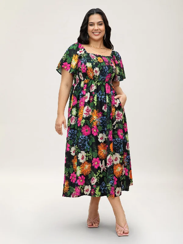  Floral Shirred Square Neck Pocket Midi Dress