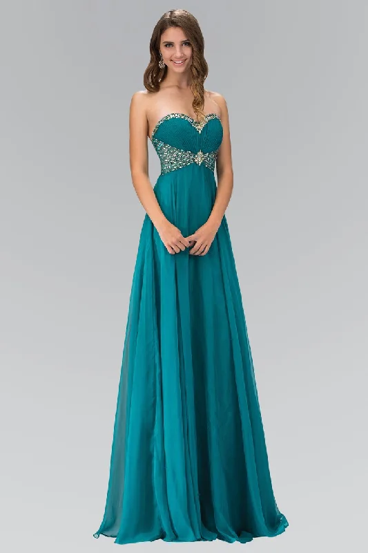 Backless wedding dresses with lace - up details​ Wedding guest dresses with tiered skirts for a feminine look Elizabeth K - GL1075 Lavish Jeweled Strapless Chiffon Gown