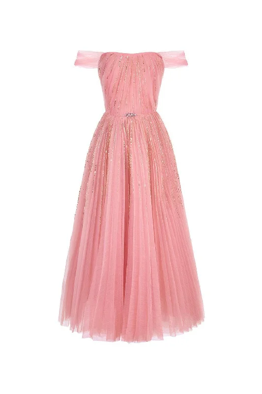 Midi dresses with lace - up fronts for a unique and adjustable style The Star A-line Off-Shoulder Mesh Midi Dress