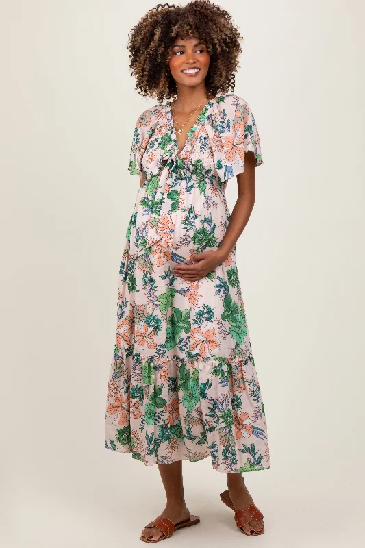 Maternity dress for a baby's naming ceremony Light Pink Floral Print Woven Maternity Midi Dress