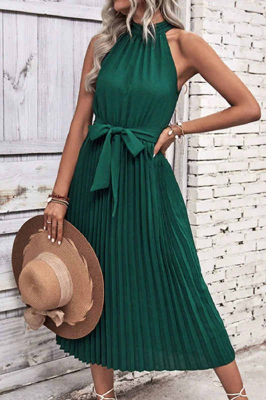  Tie Belt Pleated Midi Dress