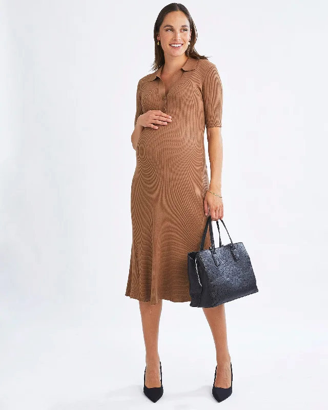 Long sleeve maternity maxi dress for winter Elegance Knit Maternity Midi Dress in Camel
