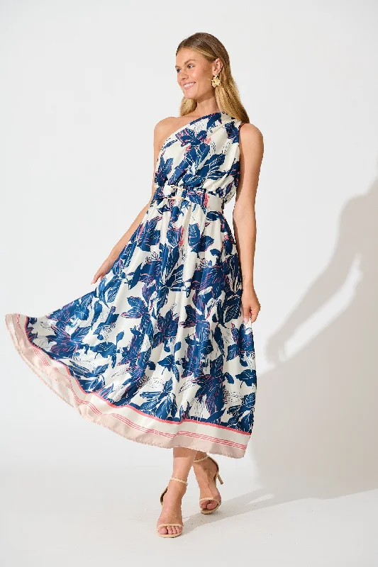 Midi dresses with side slits for a sexy and elegant appearance Bernadette One Shoulder Midi Dress In Navy Floral Satin