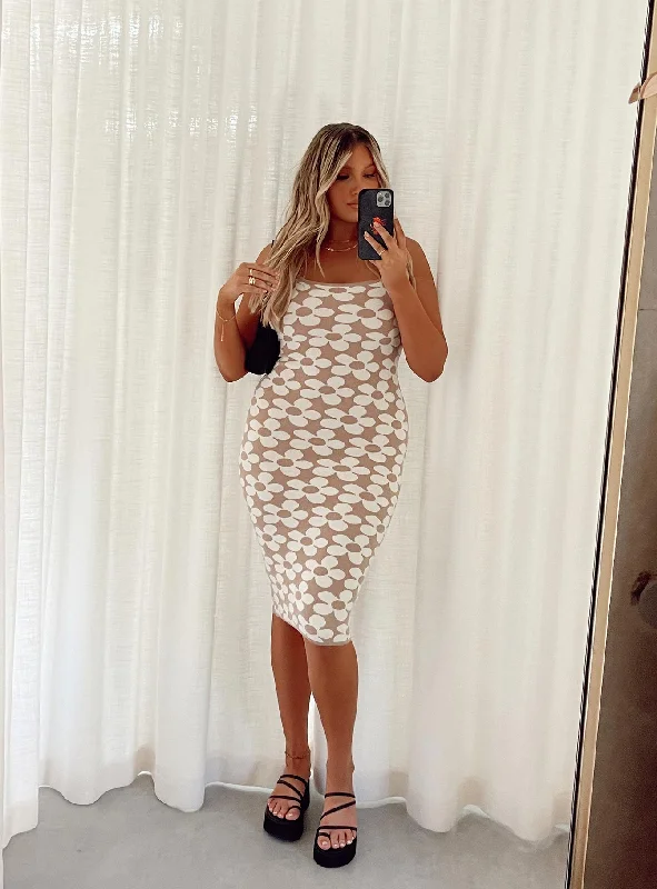 Midi dresses with button - front designs for a classic touch Angelina Midi Dress Beige / White