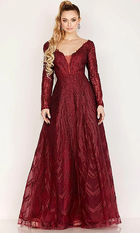 Sleeveless wedding dresses with a beaded belt​ Wedding guest dresses with ruched bodices and spaghetti straps Cecilia Couture 191 - Long Sleeve Jacquard A-line Gown