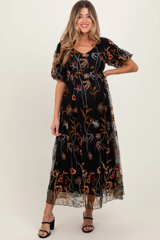 Maternity shift dress for casual outings Black Embroidered Floral Mesh Overlay Maternity Midi Dress