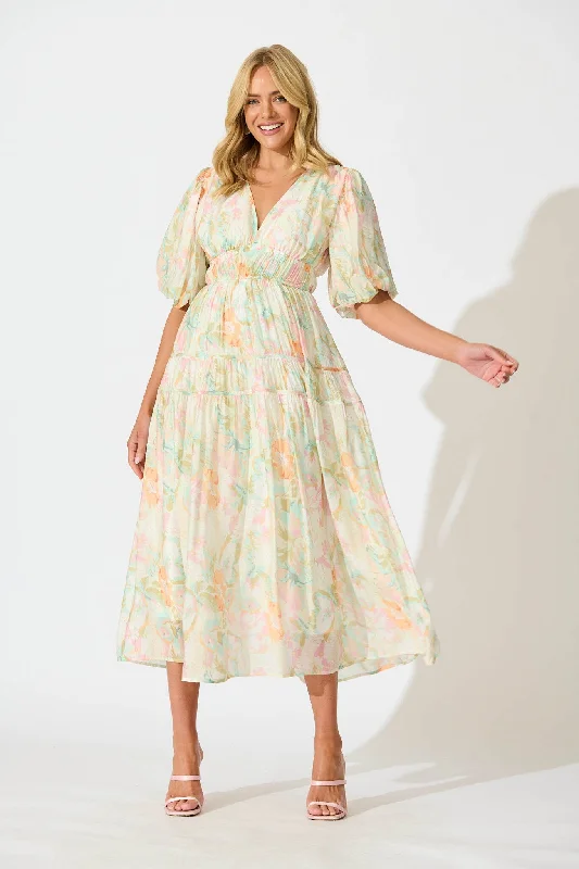 Everyday Dress with Beaded Embellishments for a Luxurious Look​ Amalie Midi Dress In White with Pastel Multi Floral