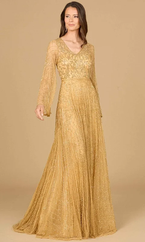 High - low hem wedding dresses for a trendy twist​ Lace - trimmed wedding guest dresses in blush pink Lara Dresses 29115 - Flare Sleeve Embellished Gown