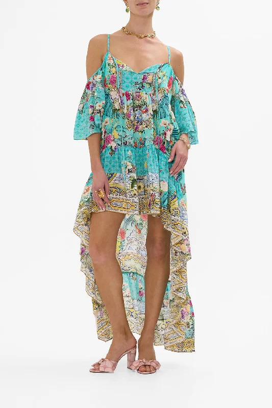 Sleeveless midi dresses with lace details for summer weddings COLD SHOULDER HIGH LOW DRESS GARDENS OF QUELUZ