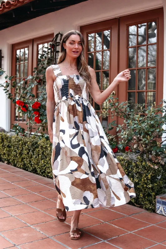 Organic Cotton Casual Dresses for a Natural Choice​ Taupe Multi Print Smocked Midi Dress