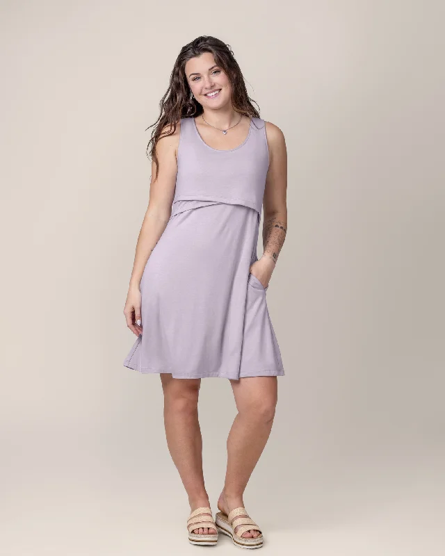 Maternity dress for a baby's first visit to the theater Penelope Crossover Nursing Dress | Lavender Mist