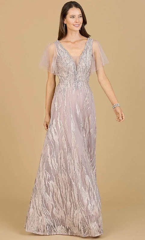 Illusion - neck wedding dresses with delicate lace​ Ruffled - sleeve wedding guest dresses in light blue for a spring wedding Lara Dresses 29201 - V-Neck Sheer Cape Sleeve Evening Gown
