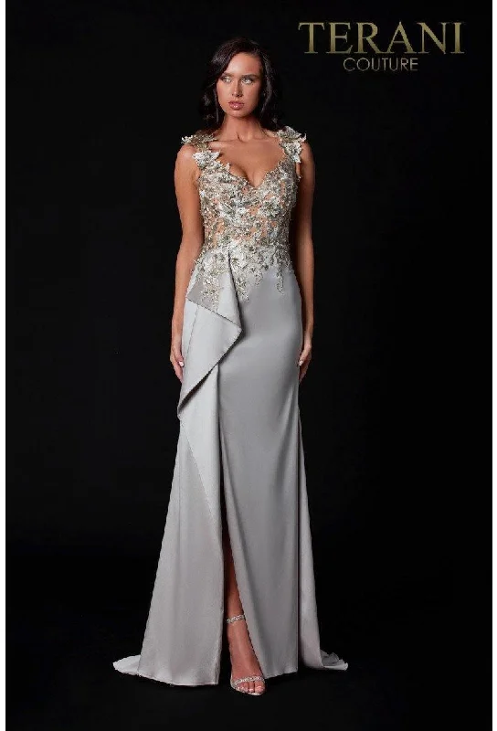 Princess - style wedding dresses with a full skirt​ Wedding guest dresses with cold - shoulder designs and solid colors Terani Couture 2111E4751 Evening Dress With Sheer Embellished Top Sale