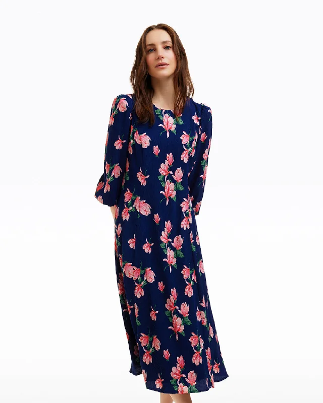 Midi dresses with denim fabric for a casual yet stylish day out Matilda Crewneck Midi Dress in Magnolia Buds