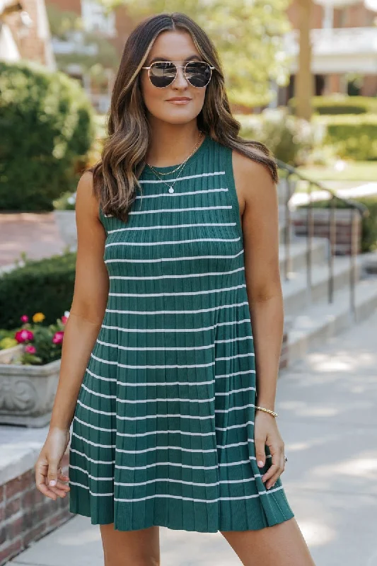 Midi Casual Dresses in Trendy Patterns​ Green Stripe Pleated Mini Dress