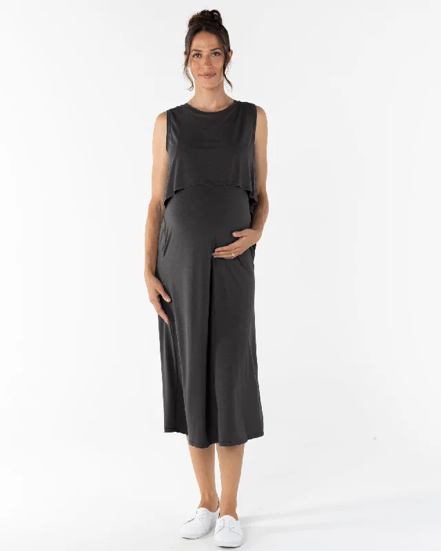 V neck maternity bodycon dress for photoshoot Manon Maternity & Breastfeeding Midi Dress in Black